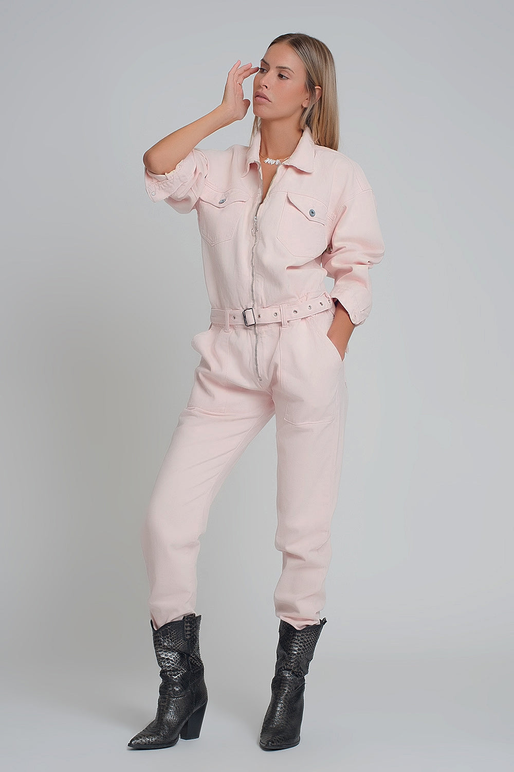 Q2 Belted denim boilersuit in pink