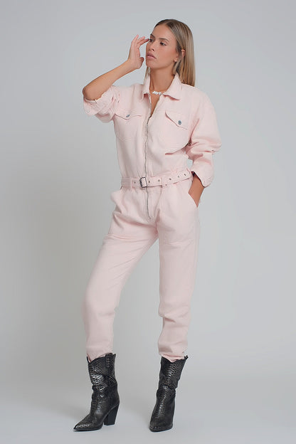 Q2 Belted denim boilersuit in pink