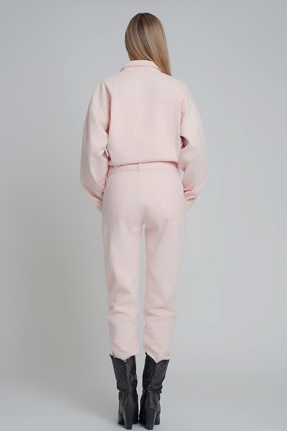 Belted denim boilersuit in pinkDresses