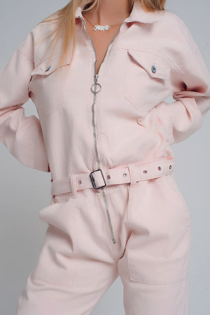 Belted denim boilersuit in pinkDresses