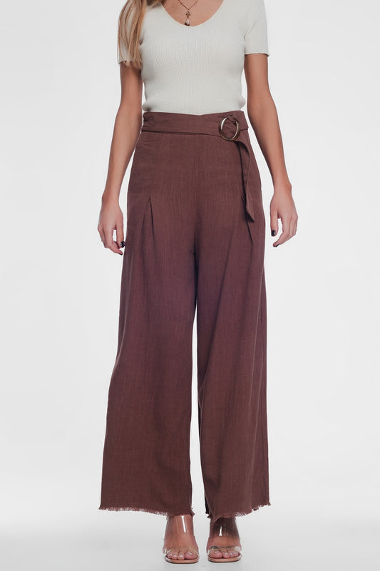 Q2 belted high waist wideleg trouser in brown
