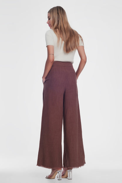 Q2-belted high waist wideleg trouser in brown-Pants