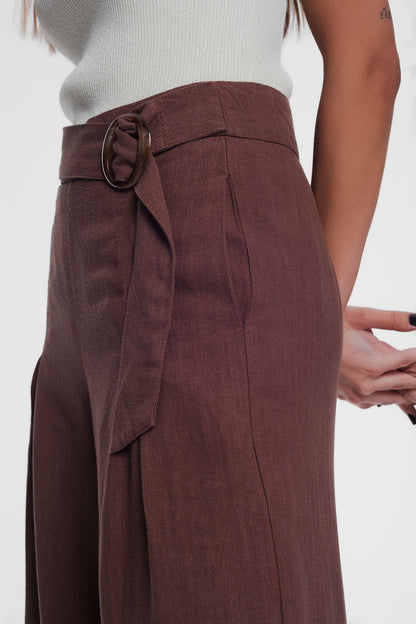 Q2-belted high waist wideleg trouser in brown-Pants