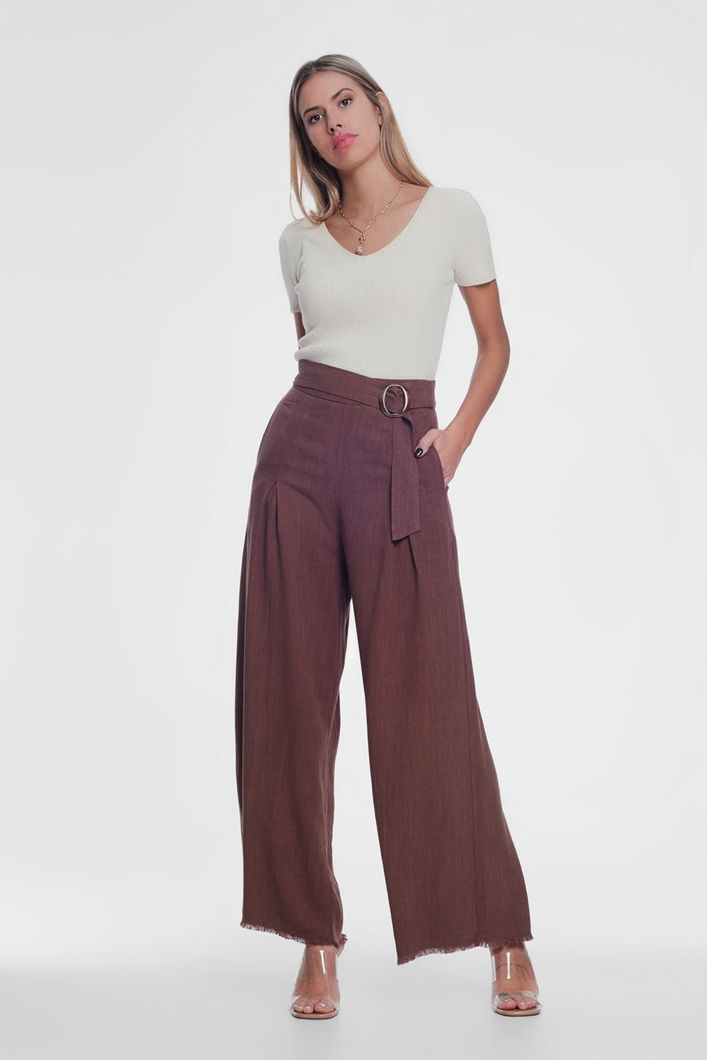 Q2-belted high waist wideleg trouser in brown-Pants