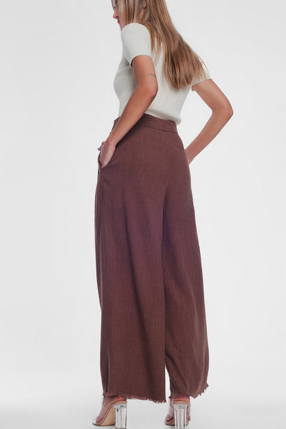 Q2-belted high waist wideleg trouser in brown-Pants