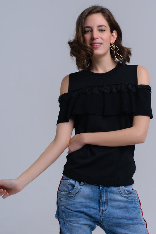 Q2 Black cold shoulder sweater with ruffle and lace