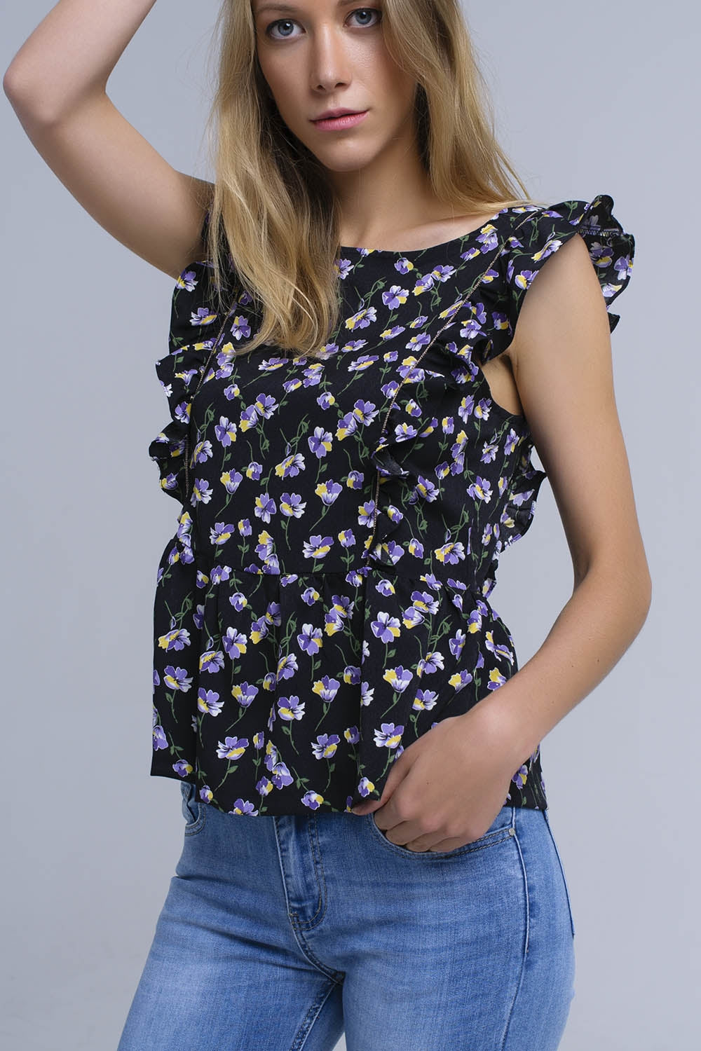 Black crossed back shirt with rufflesShort Sleeve Tops