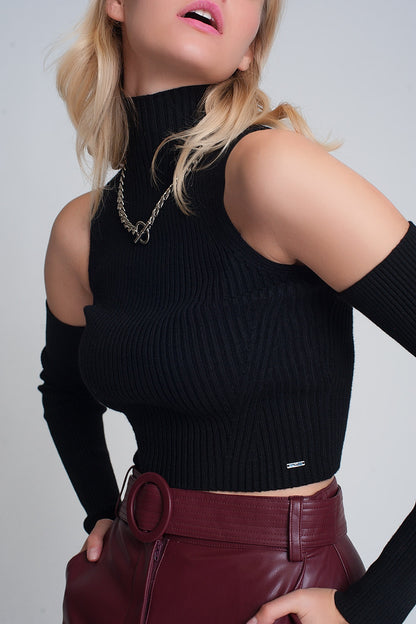 Black cut out rib sweater in fine knitSweaters