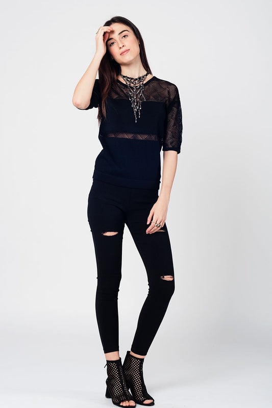 Black knitted top with lace contrast detailSweaters