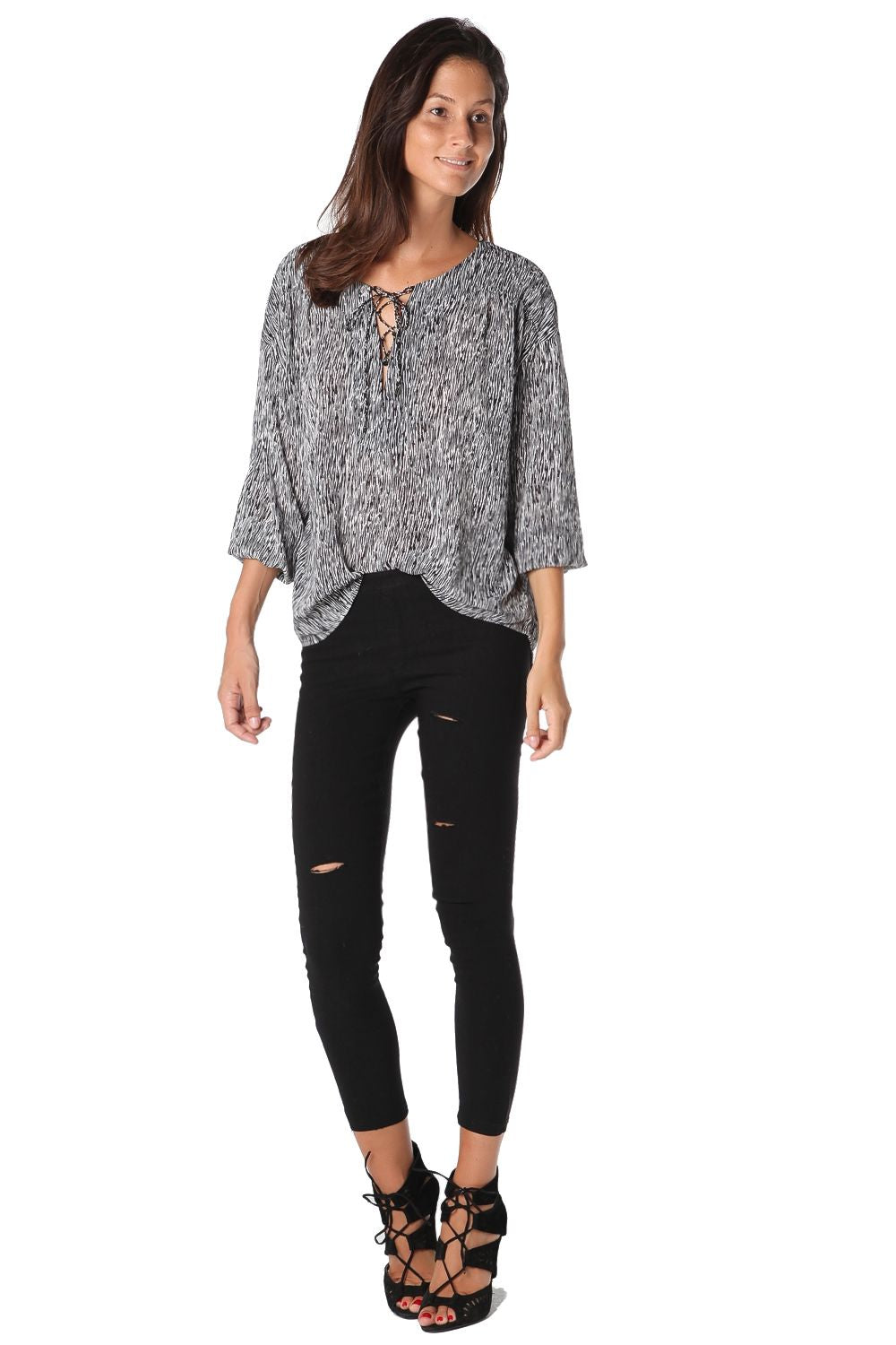 Black lace up shirt with fleckBlouses