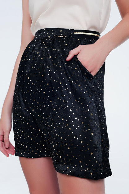 Q2 Black mini skirt with pleats in gold polka dot