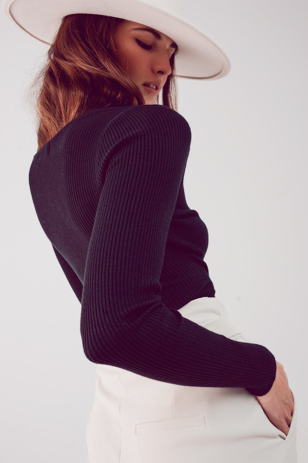 black ribbed v-neck sweaterSweaters