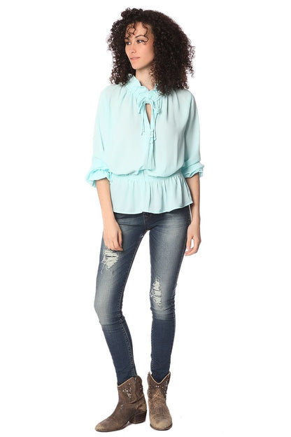 Turquoise ruffle neck tie blouseShirts