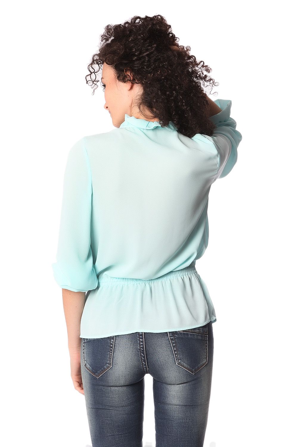 Turquoise ruffle neck tie blouseShirts