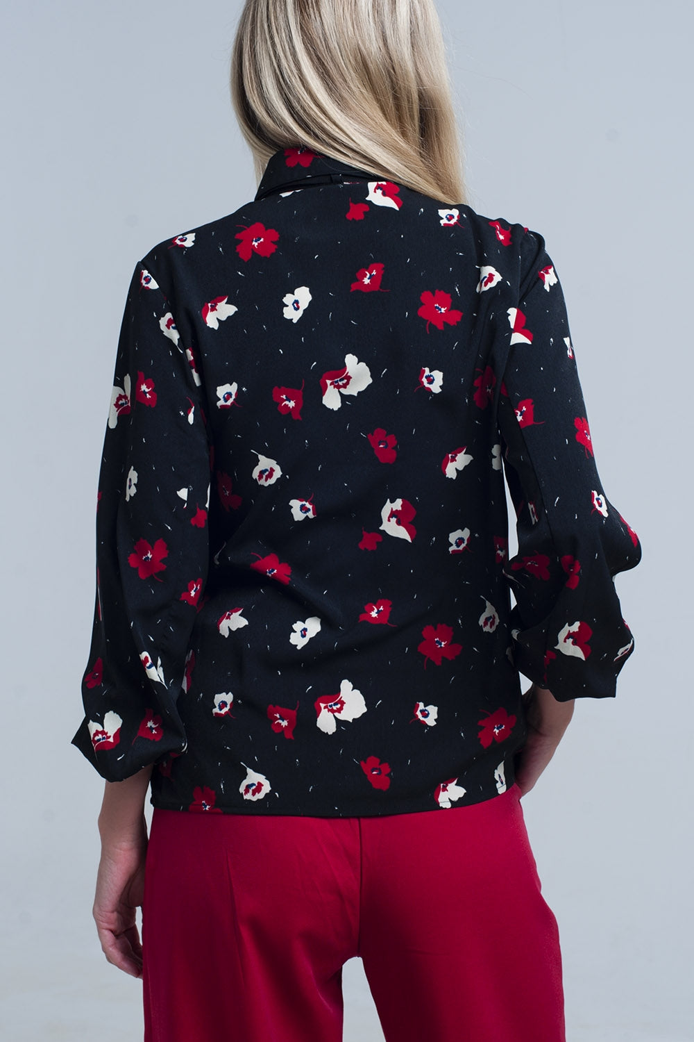 Black shirt with red and white flowersBlouses