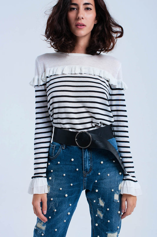 Q2 Black striped sweater with ruffles