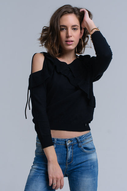 Q2 Black sweater with ruffle detail at front