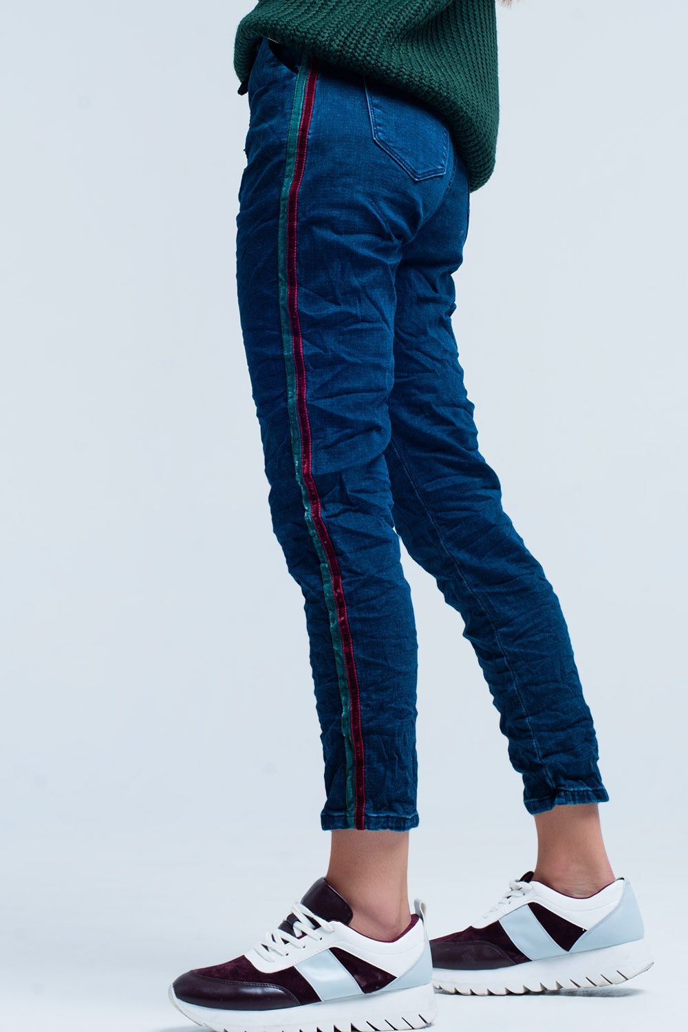 Q2 Blue Baggy Jeans multi-color side stripe