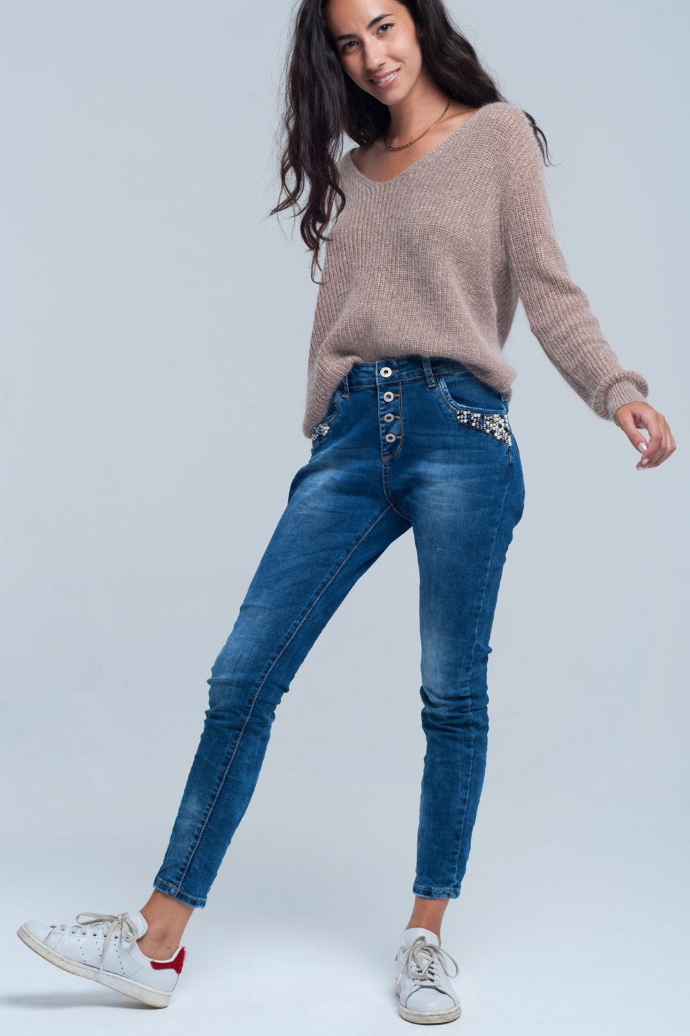 Blue boyfriend jeans with pearlsJeans