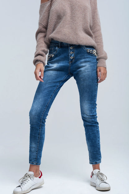 Blue boyfriend jeans with pearlsJeans