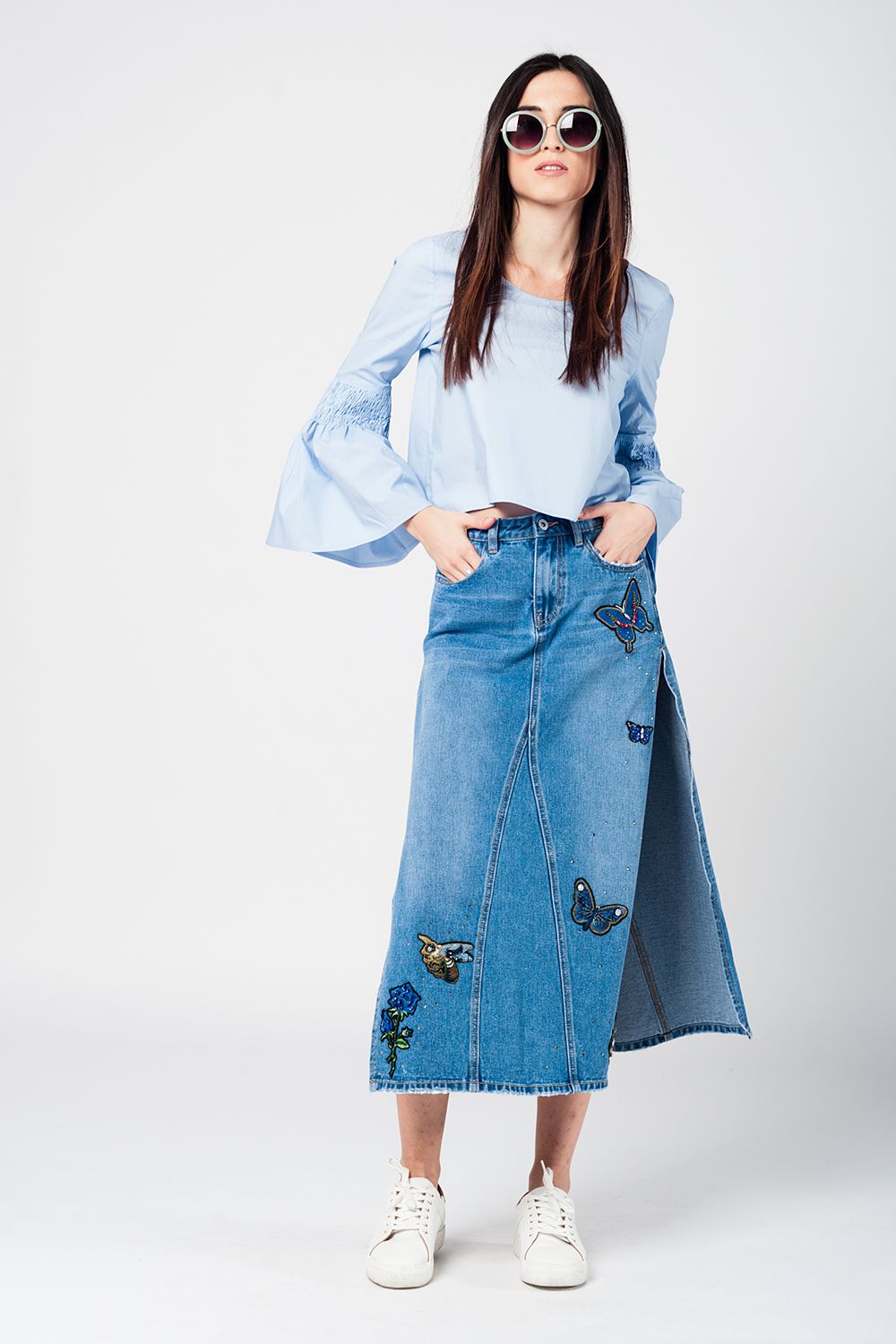 Blue crop top with fluted sleevesBlouses