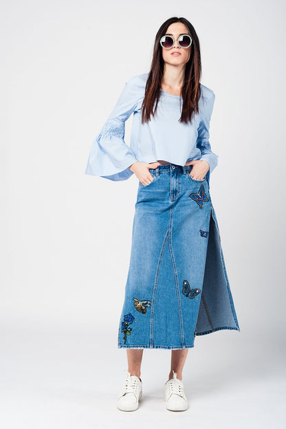 Blue crop top with fluted sleevesBlouses