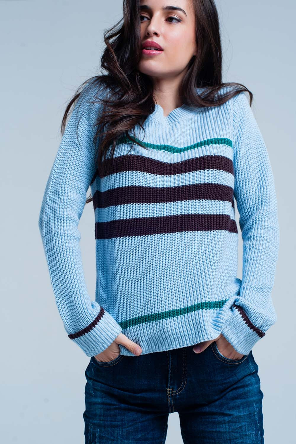 Q2 Blue Rib Stitch Sweater with Stripes