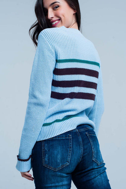Blue Rib Stitch Sweater with StripesSweaters