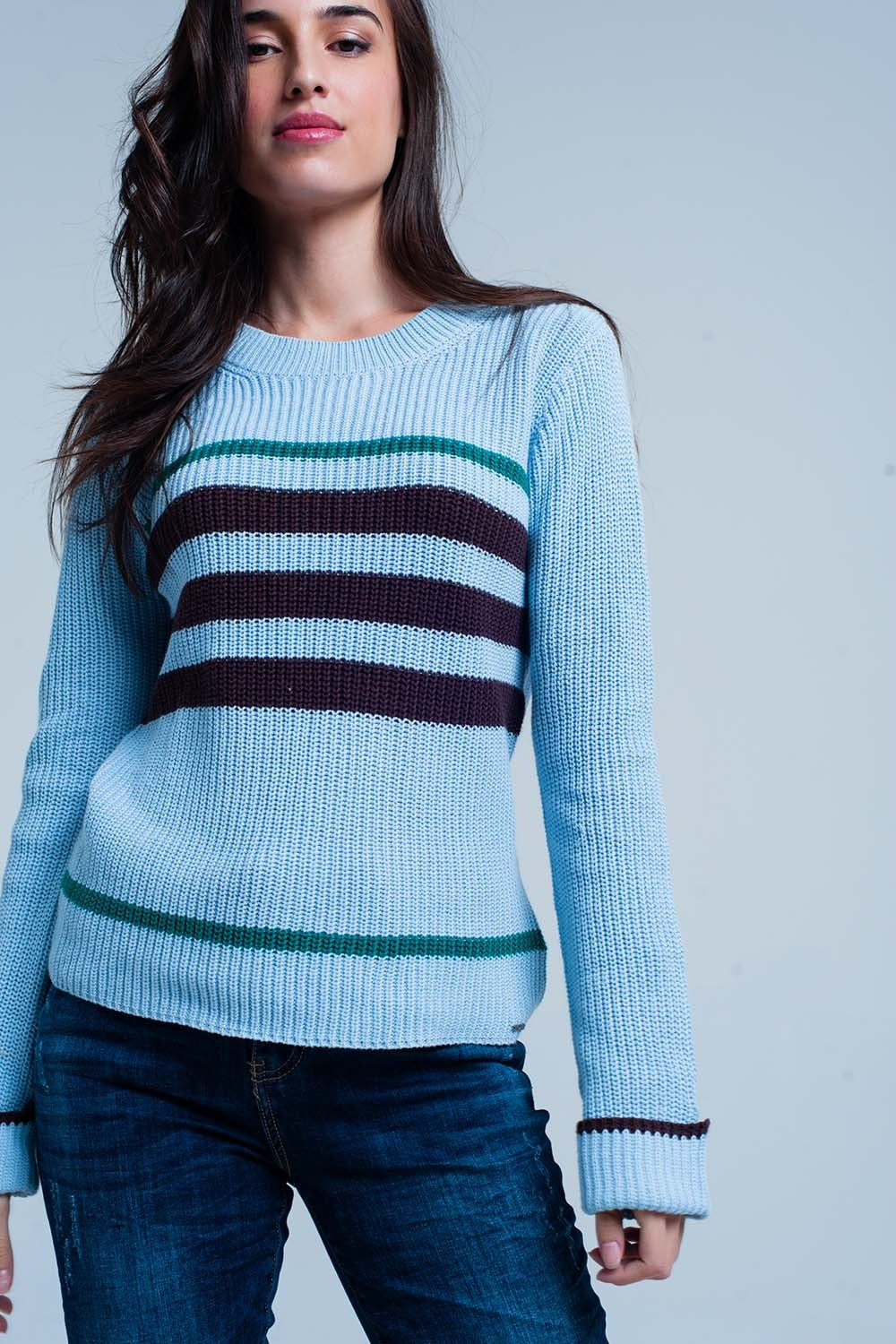 Blue Rib Stitch Sweater with StripesSweaters