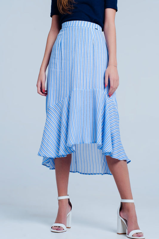 Q2 Blue stripe asymetric hem midi skirt