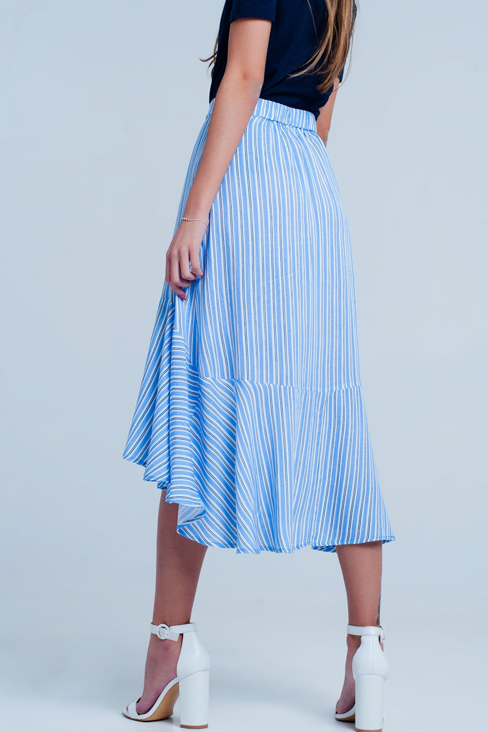 Q2-Blue stripe asymetric hem midi skirt-Skirts
