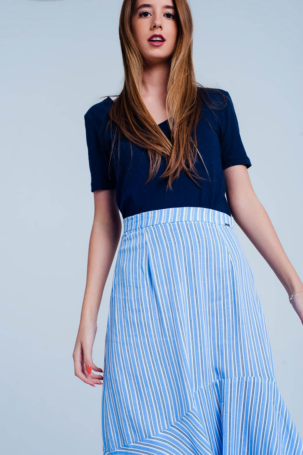 Q2-Blue stripe asymetric hem midi skirt-Skirts