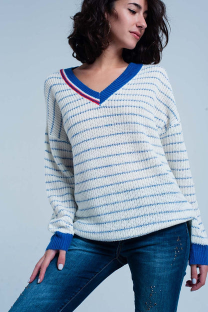 Q2 Blue Striped Sweater with V-neck