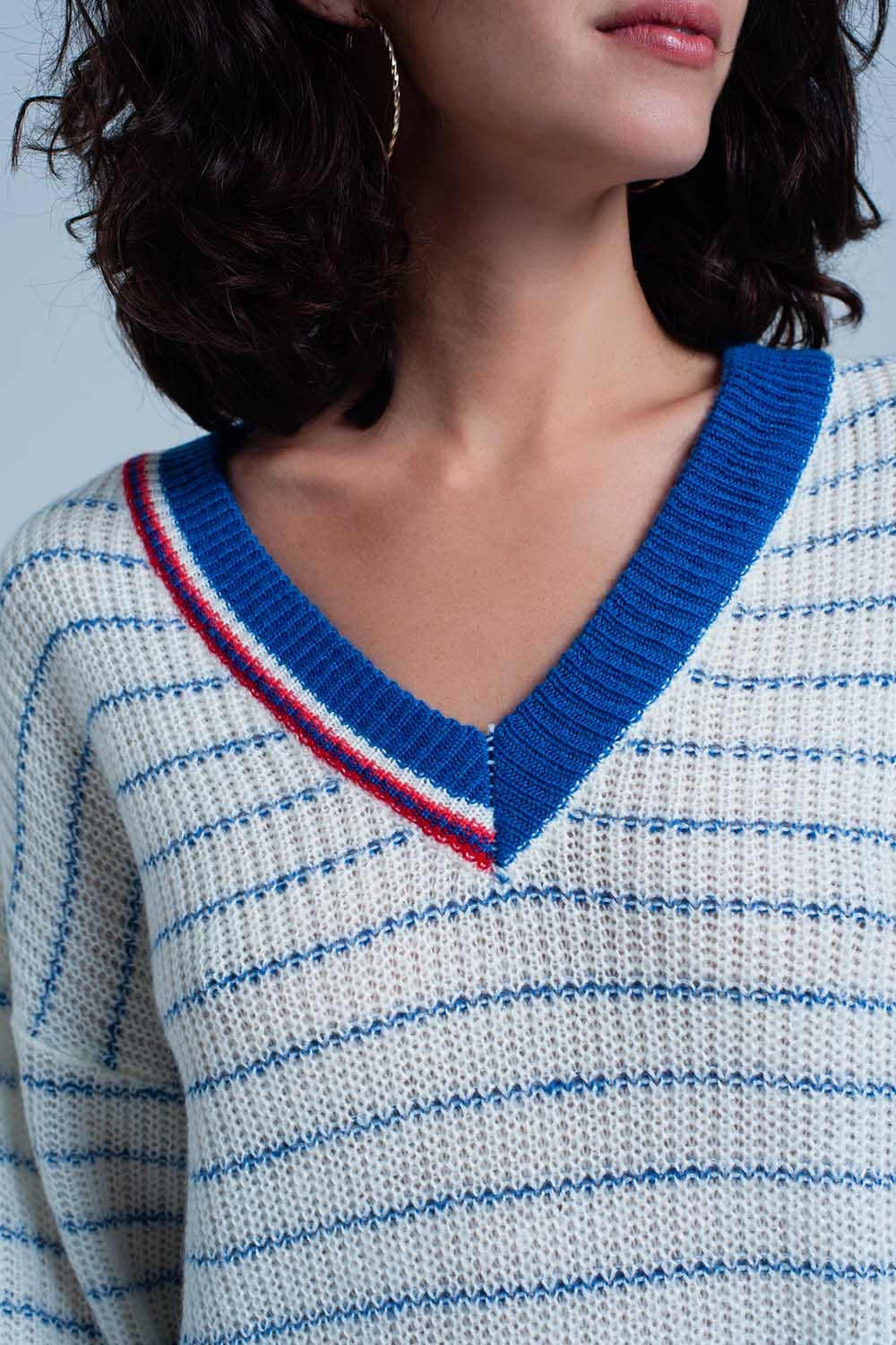 Blue Striped Sweater with V-neckSweaters