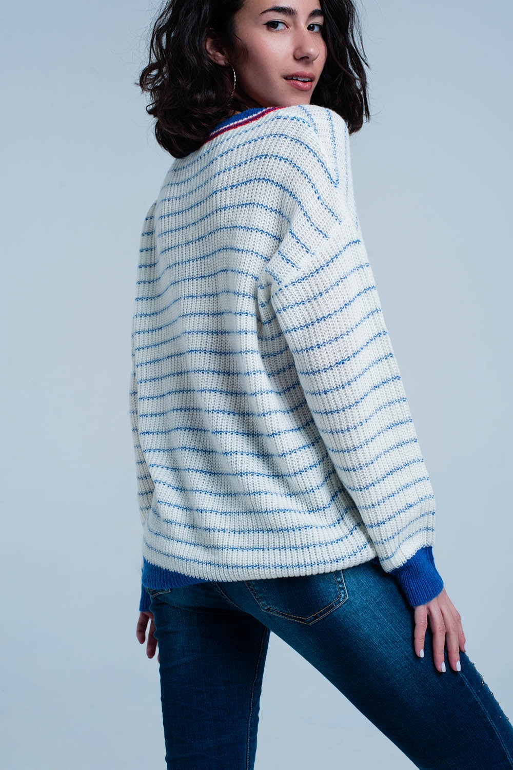 Blue Striped Sweater with V-neckSweaters