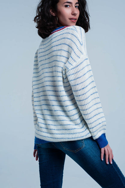 Blue Striped Sweater with V-neckSweaters