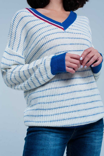 Blue Striped Sweater with V-neckSweaters