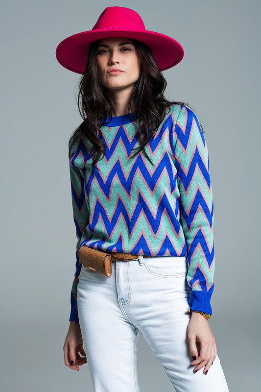 Q2 Blue sweater with  zig zag print in blue with pink details