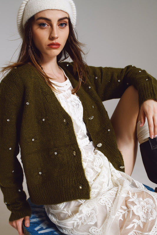 Q2 Brown cardigan with knitted flowers and embellished details in Military Green