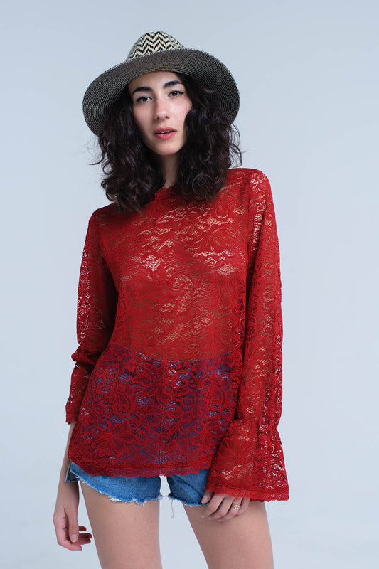 Q2 Burgundy sheer lace top with bell sleeves