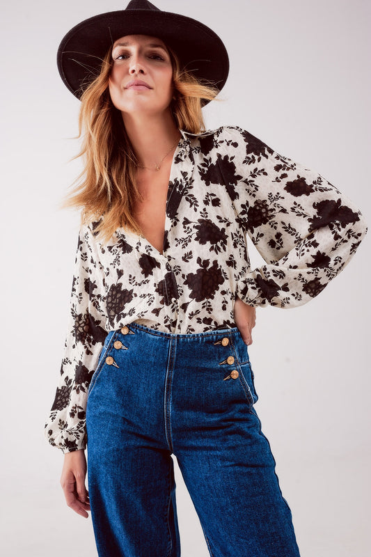 Button front black shirt with volume sleeveBlouses