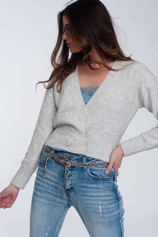 Q2 Button front cropped knit cardigan in light gray