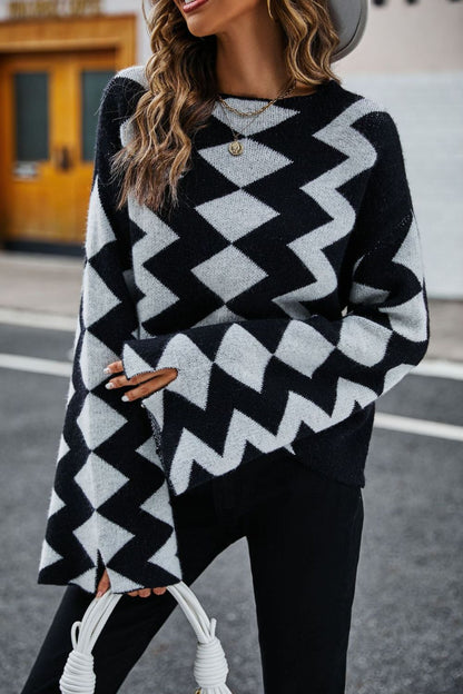 Geometric Slit Flare Sleeve Round Neck Sweater Posh Styles Apparel
