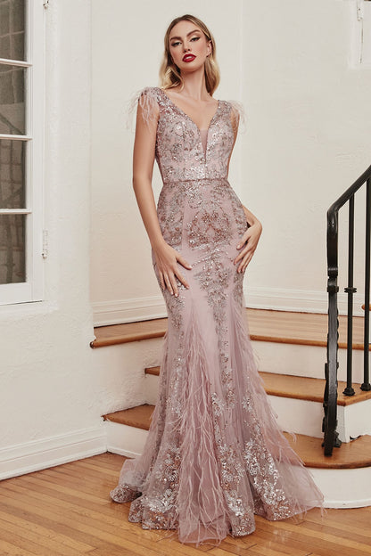 Luxury Feathered Sequin Embroidered Mermaid Formal Gown -5