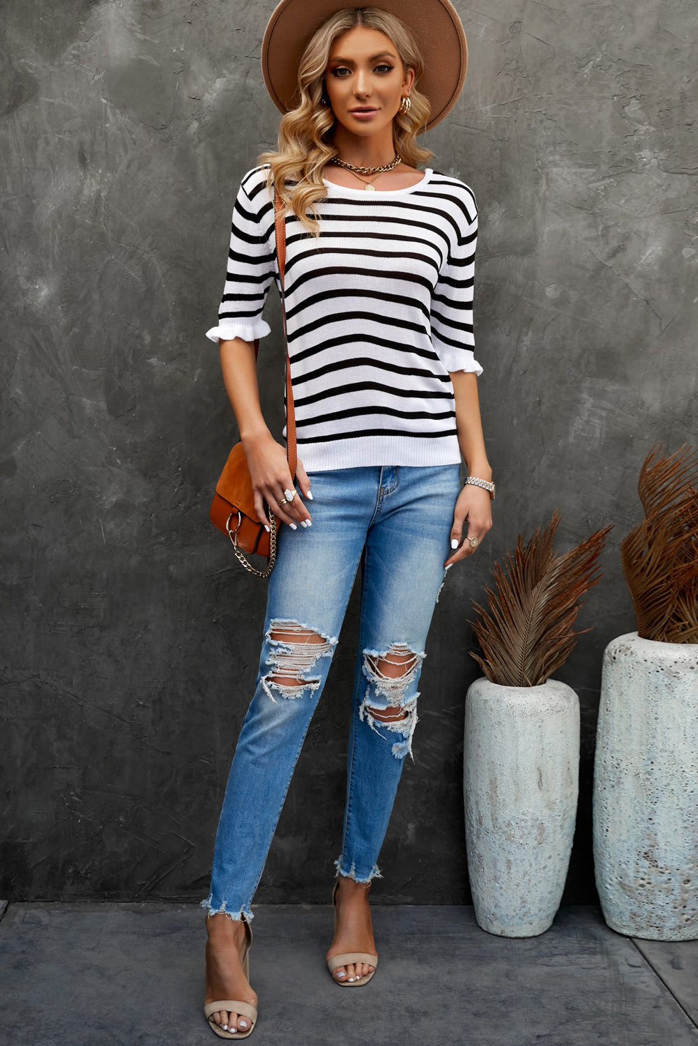 Striped Tie Back Flare Sleeve Knit Top Posh Styles Apparel