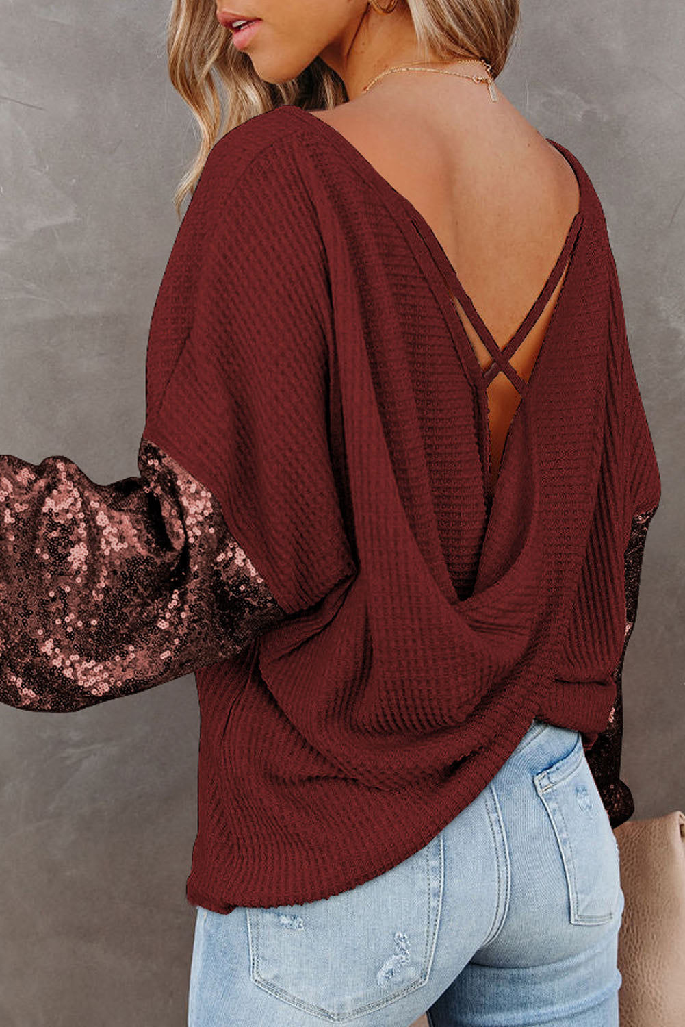 Sequin Waffle-Knit BlouseBlouses