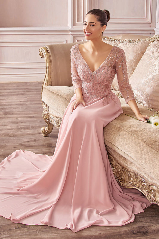 Flowy Chiffon A-line Luxury 3/4 Sleeves and Trickle Embellished Bodice Mother Of The Bride Dress CDCD0171-0