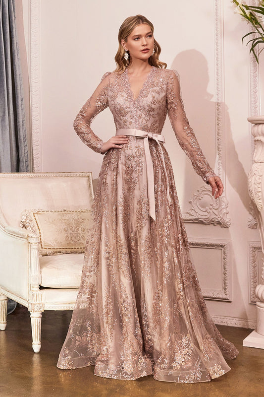 Long Sleeve V-neck Embellished Modest Bodice Glitter Sequin A-line Long Mother of Bride & Bridesmaid Dress CDCD233-0