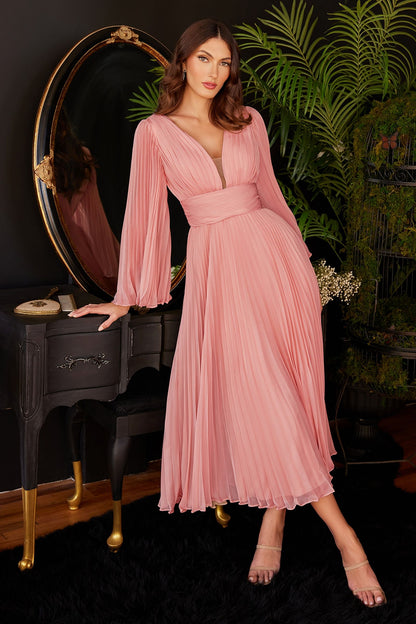 Pleat Chiffon V-Neck Open Back Midi Tea Length Dress -6