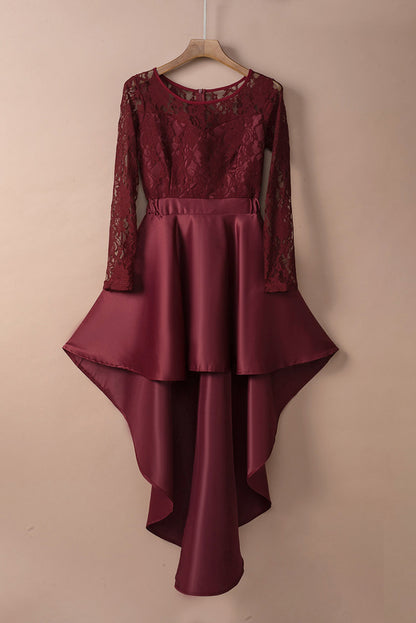 Spliced Lace High-Low Long Sleeve Dress Posh Styles Apparel